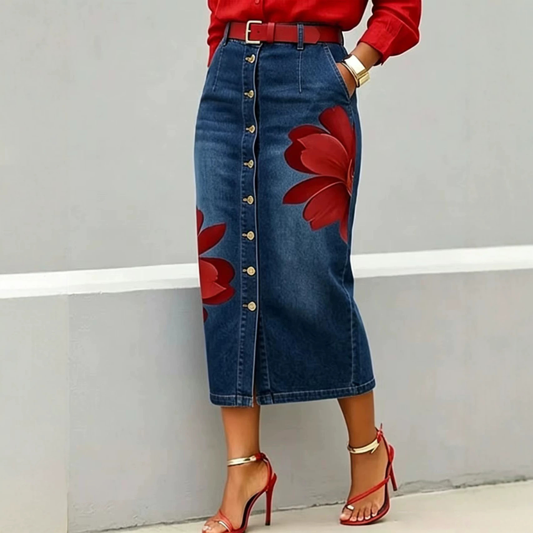 Denim Skirt Midi Vintage - Saia Midi de Jeans com Estampa