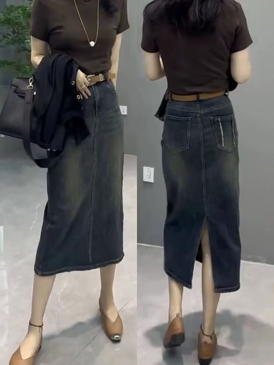 Denim Skirt Midi Vintage - Saia Jeans Midi Feminina de Cintura