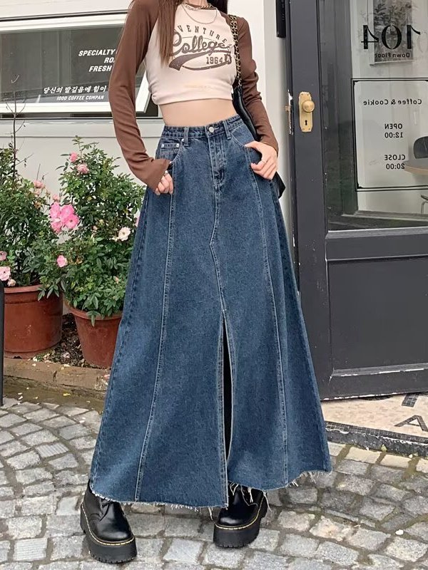 Denim Skirt Midi Vintage - Saia Jeans de Cintura Alta com