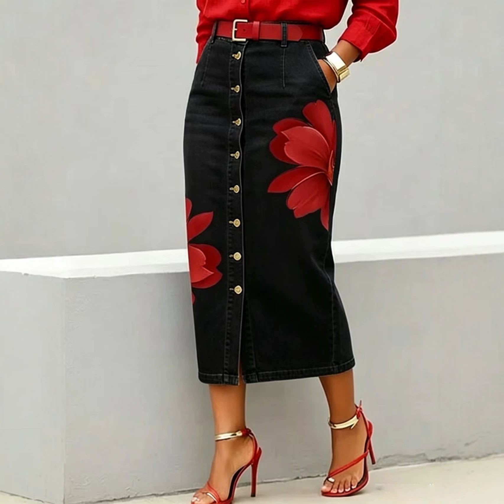 Saia Midi de Jeans com Estampa - Denim Skirt Midi Vintage avaliação e preço